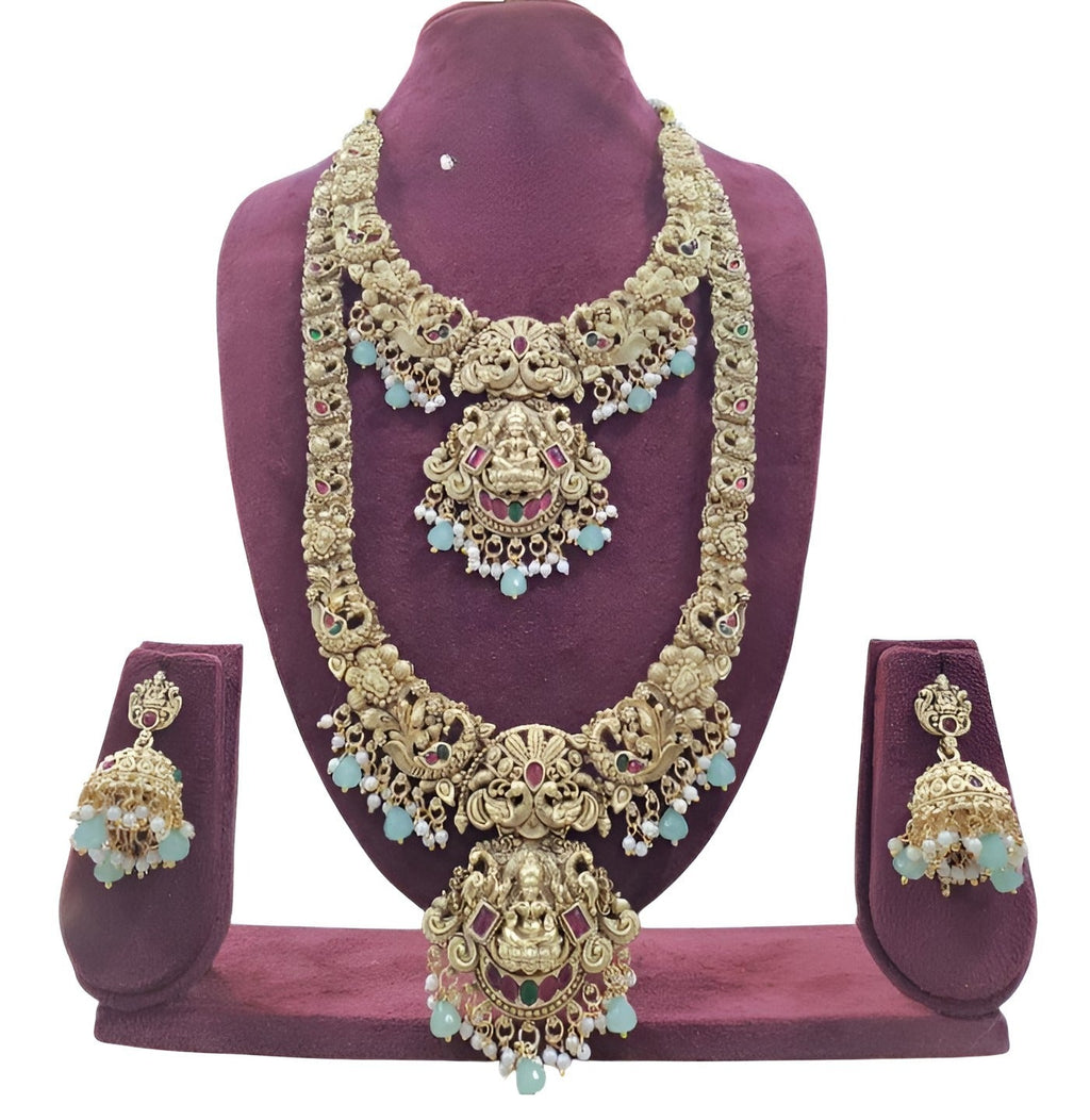 Jewel City Elegant Antique Gold Temple Jewelry Necklace Set - Carved Lakshmi Design Perfect for Wedding & Festive Occasions | Grocsy