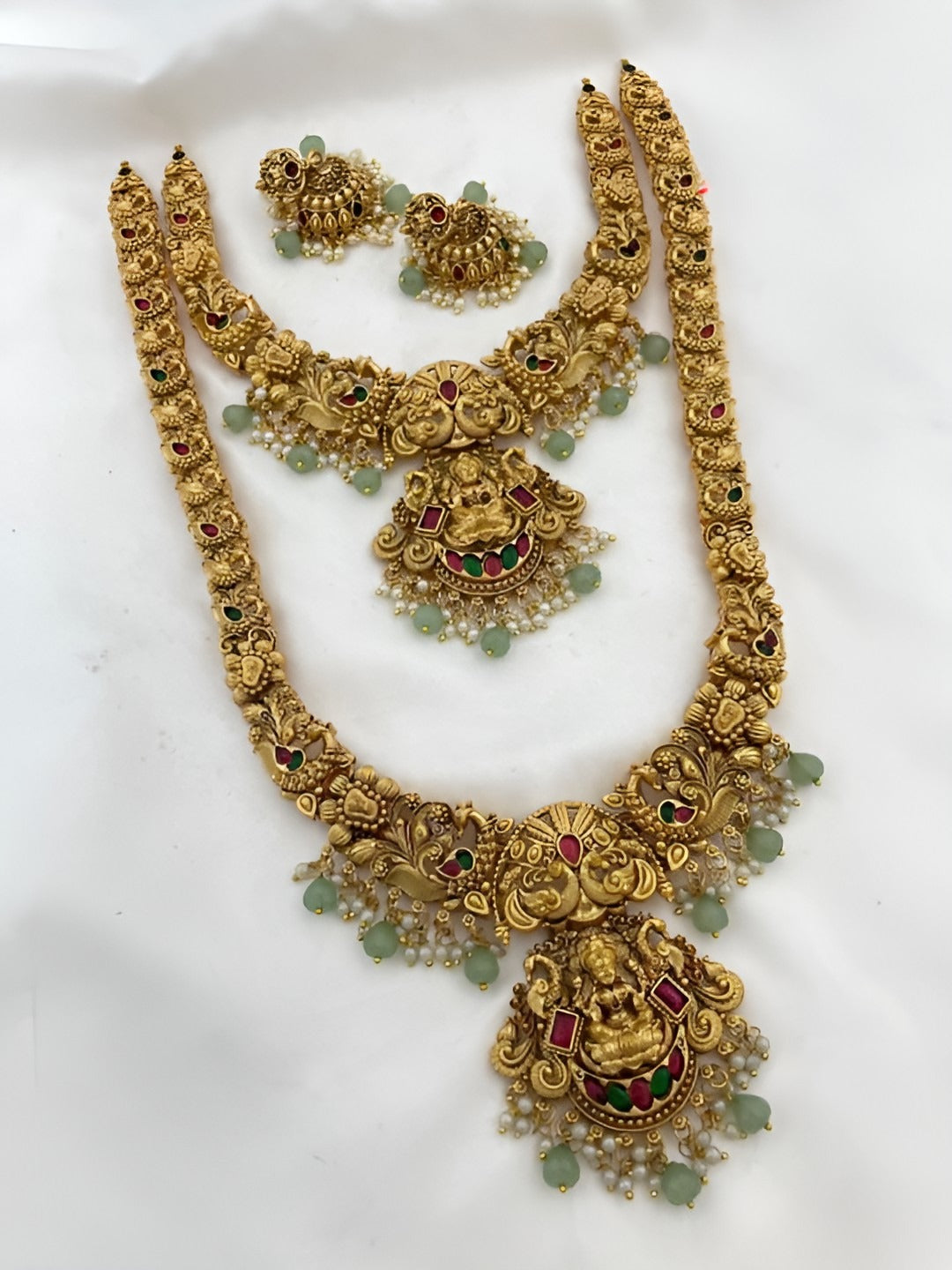 Jewel City Elegant Antique Gold Temple Jewelry Necklace Set - Carved Lakshmi Design Perfect for Wedding & Festive Occasions | Grocsy