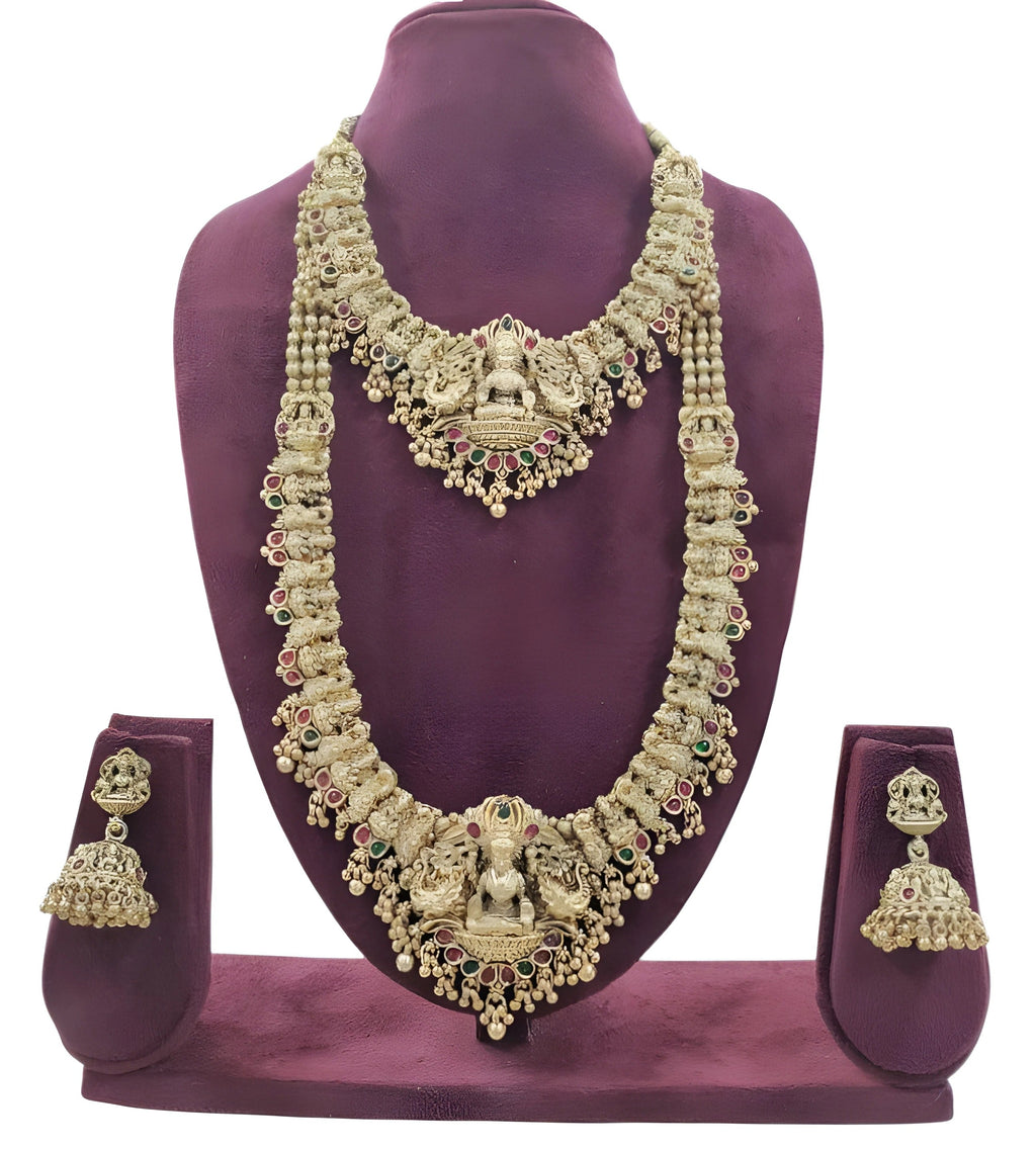 Jewel City Premium Goddess Lakshmi Temple Jewelry Long Necklace Set- Antique Gold Bridal Haaram with Multi-Colored Gemstone Accents | Grocsy