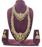 Jewel City Premium Goddess Lakshmi Temple Jewelry Long Necklace Set- Antique Gold Bridal Haaram with Multi-Colored Gemstone Accents | Grocsy