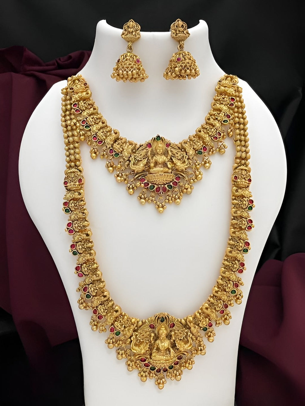 Jewel City Premium Goddess Lakshmi Temple Jewelry Long Necklace Set- Antique Gold Bridal Haaram with Multi-Colored Gemstone Accents | Grocsy