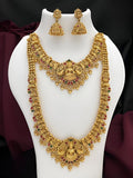 Jewel City Premium Goddess Lakshmi Temple Jewelry Long Necklace Set- Antique Gold Bridal Haaram with Multi-Colored Gemstone Accents | Grocsy