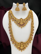 Jewel City Premium Goddess Lakshmi Temple Jewelry Long Necklace Set- Antique Gold Bridal Haaram with Multi-Colored Gemstone Accents | Grocsy