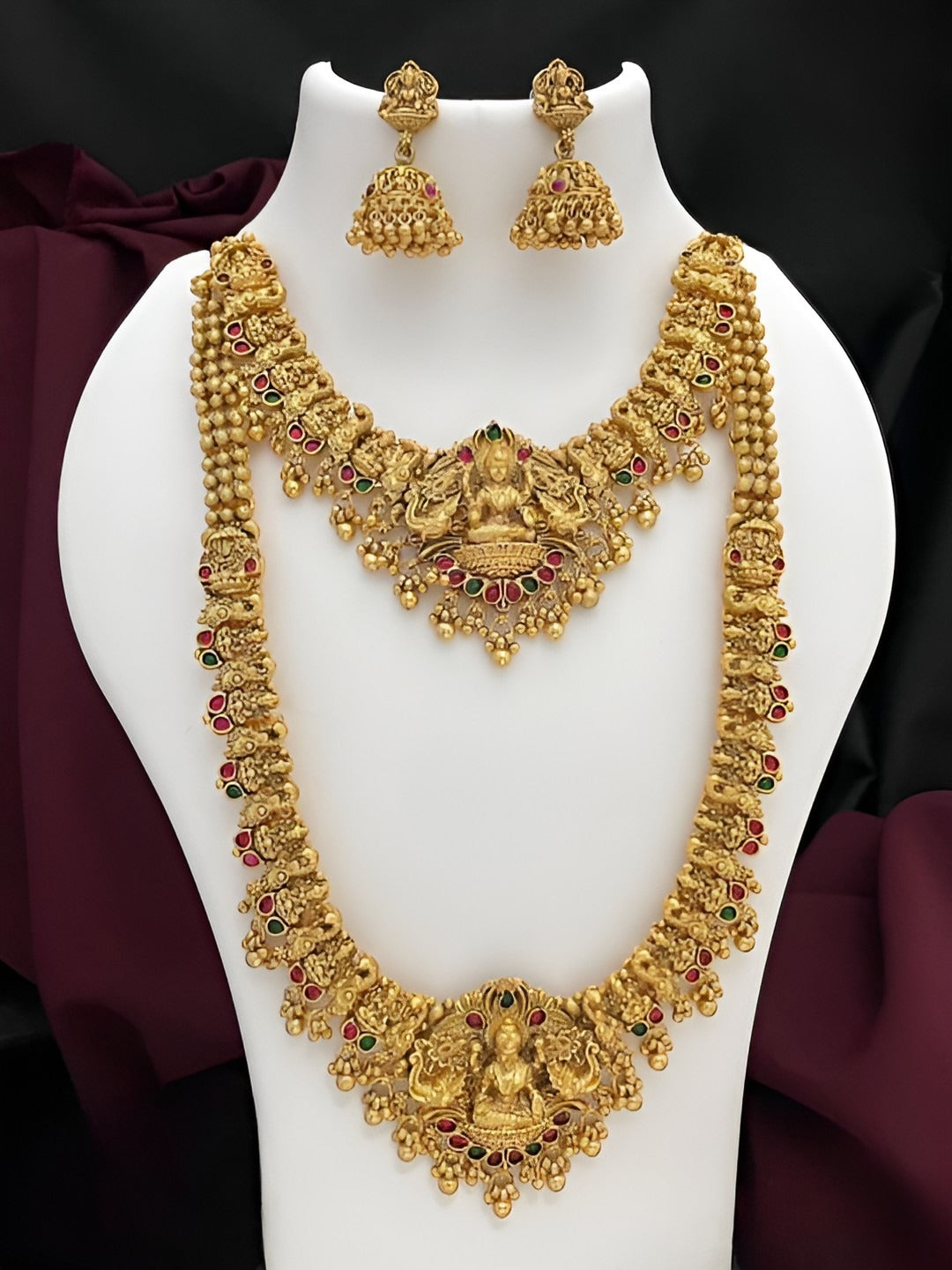 Jewel City Premium Goddess Lakshmi Temple Jewelry Long Necklace Set- Antique Gold Bridal Haaram with Multi-Colored Gemstone Accents | Grocsy