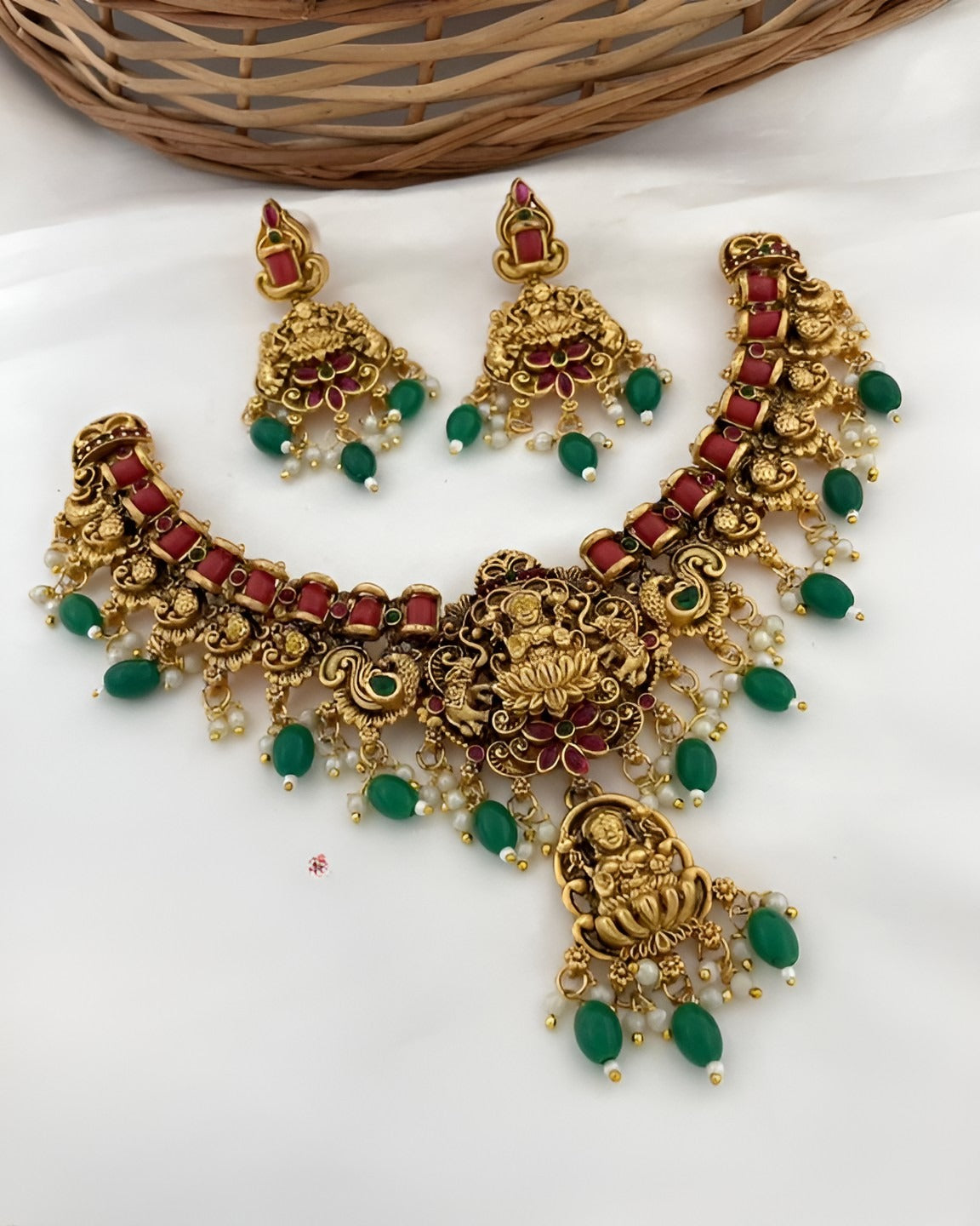 Jewel City Luxurious Lakshmi Goddess Temple Jewelry Necklace Set - Antique Gold with Emerald Green and Ruby Red Gemstones | Grocsy