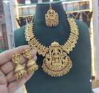 Jewel City Handcrafted Lakshmi Temple Jewelry Set - Traditional South Indian Antique Gold-Plated Necklace with Jhumka Earrings & Tikka Bridal Collection | Grocsy