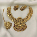 Jewel City Handcrafted Lakshmi Temple Jewelry Set - Traditional South Indian Antique Gold-Plated Necklace with Jhumka Earrings & Tikka Bridal Collection | Grocsy