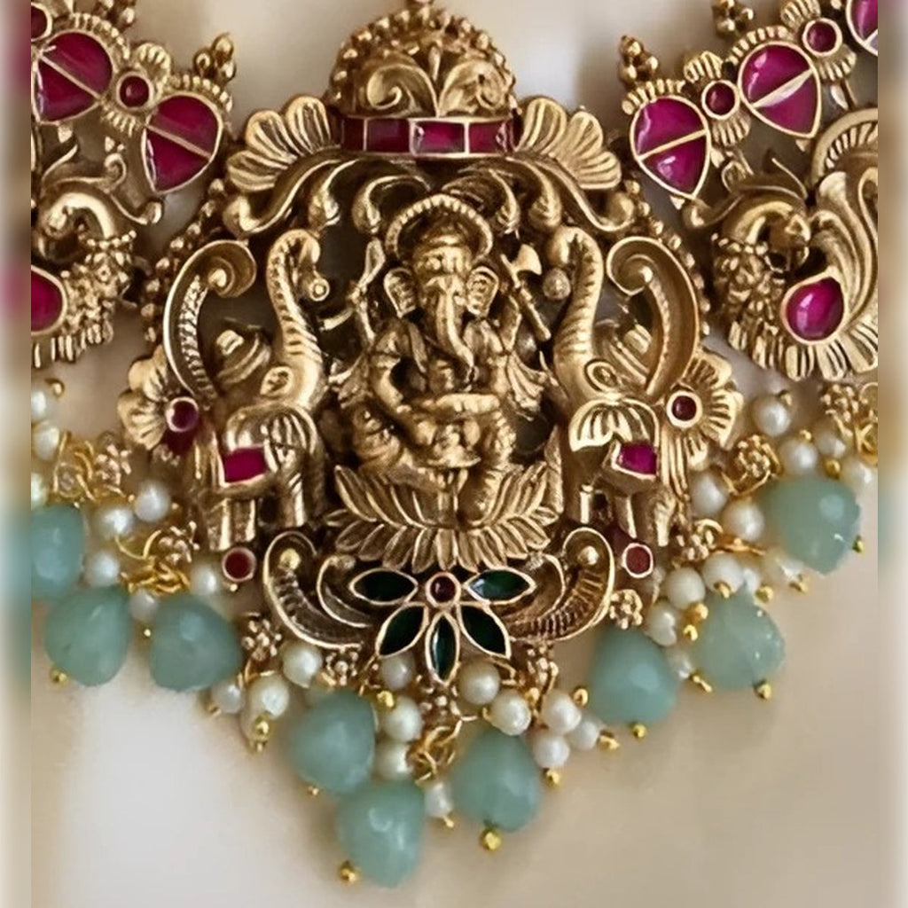 Jewel City Exquisite Ganesha Temple Jewelry Set - Antique Gold-Plated Necklace and Earrings with Ruby Pink Stones & Mint Green Beads (Premium Designer Collection) | Grocsy
