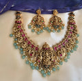 Jewel City Exquisite Ganesha Temple Jewelry Set - Antique Gold-Plated Necklace and Earrings with Ruby Pink Stones & Mint Green Beads (Premium Designer Collection) | Grocsy