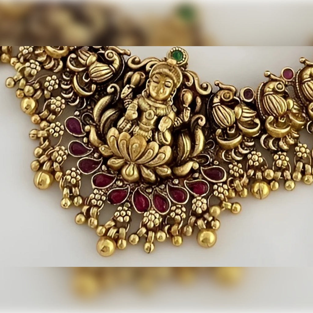 Jewel City Antique Gold Lakshmi Temple Choker Set - Traditional South Indian Necklace with Matching Jhumkas (Kemp Ruby Stone Collection) | Grocsy