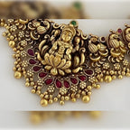 Jewel City Antique Gold Lakshmi Temple Choker Set - Traditional South Indian Necklace with Matching Jhumkas (Kemp Ruby Stone Collection) | Grocsy