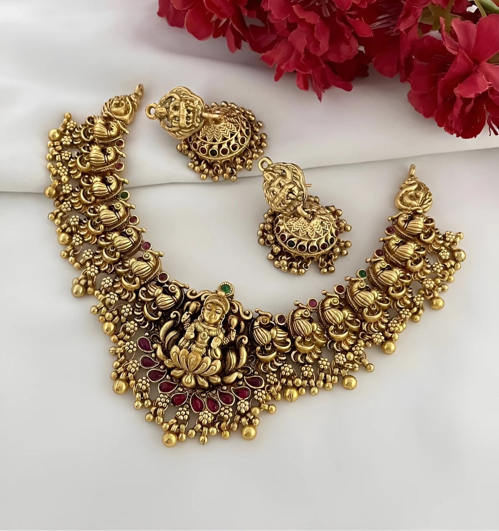 Jewel City Antique Gold Lakshmi Temple Choker Set - Traditional South Indian Necklace with Matching Jhumkas (Kemp Ruby Stone Collection) | Grocsy