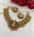 Jewel City Antique Gold Lakshmi Temple Choker Set - Traditional South Indian Necklace with Matching Jhumkas (Kemp Ruby Stone Collection) | Grocsy