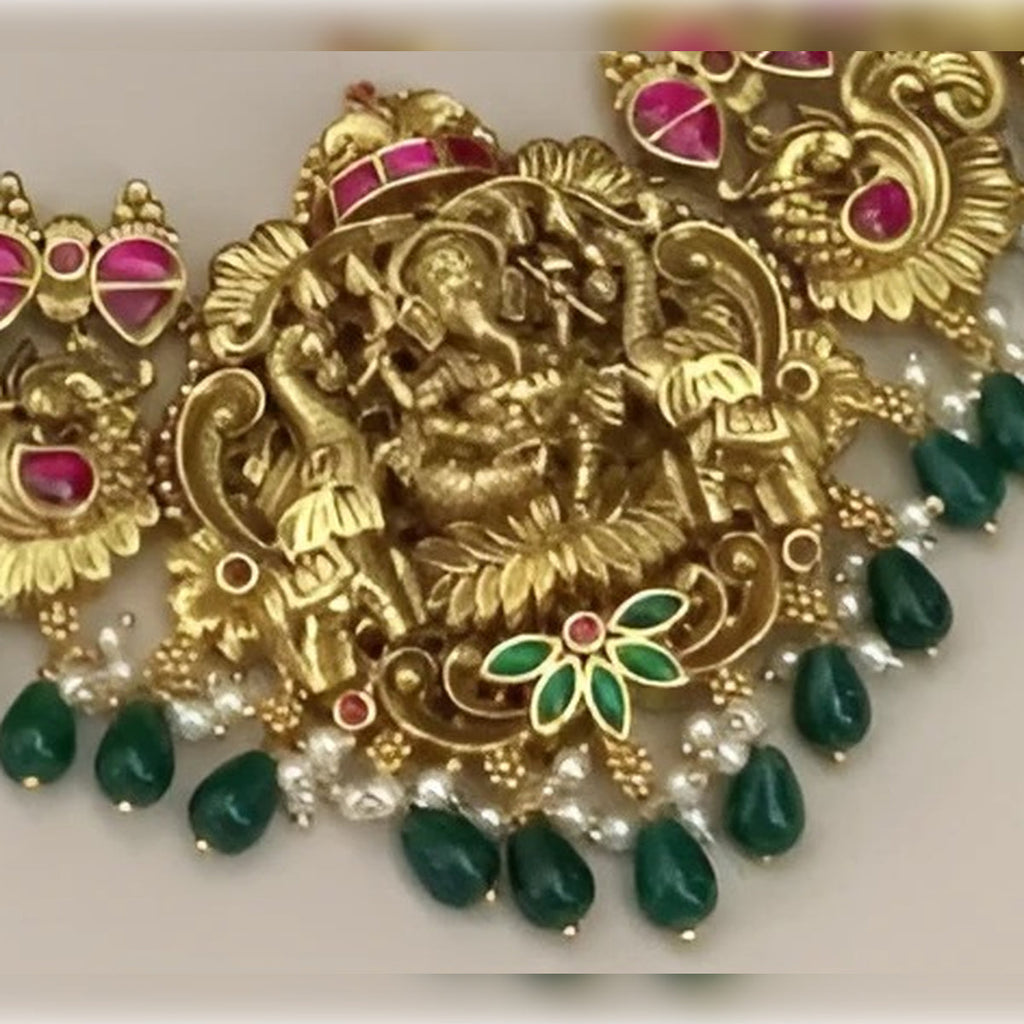 Jewel City Ganesha Temple Necklace Set - Antique Gold Finish with Emerald Drops & Ruby Pink Stones (Premium Bridal Collection) | Grocsy