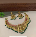 Jewel City Ganesha Temple Necklace Set - Antique Gold Finish with Emerald Drops & Ruby Pink Stones (Premium Bridal Collection) | Grocsy