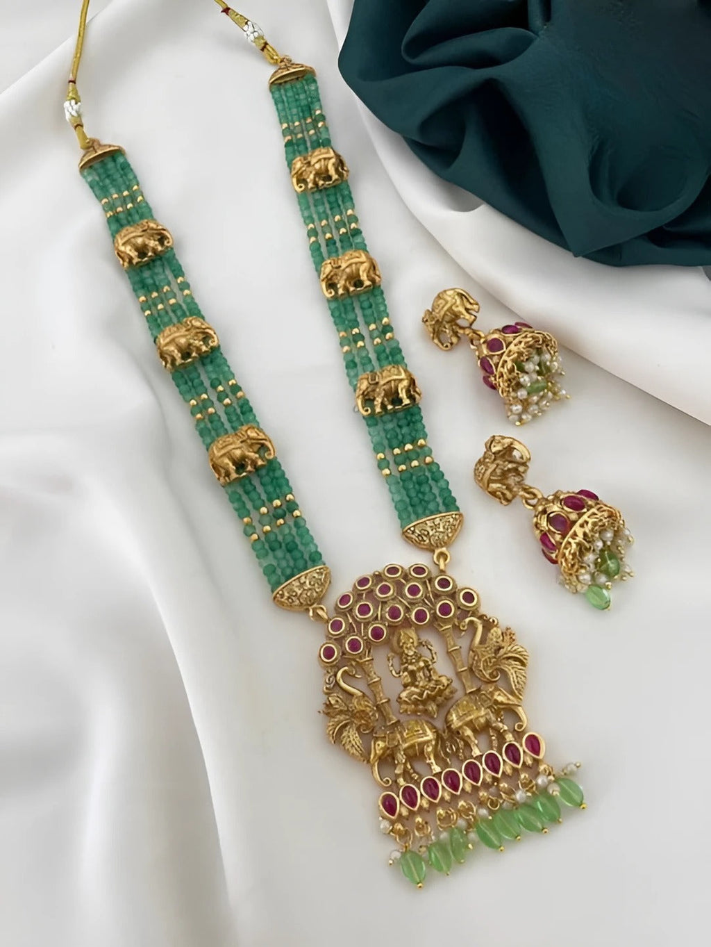 Jewel City Royal Elephant Emerald Beaded Necklace Set - Antique Gold Temple Jewelry with Ruby Accents (Designer Collection) | Grocsy