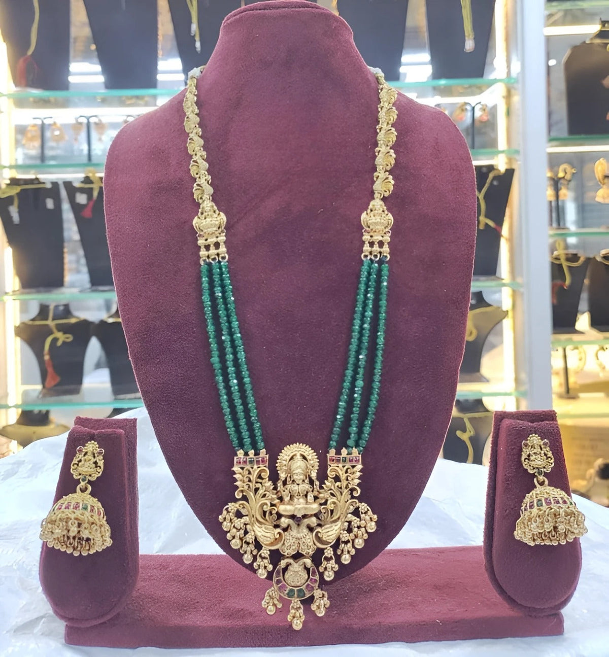 Jewel City Emerald Temple Necklace Set - Antique Gold Goddess Design with Multi-Strand Beads (Traditional Collection) | Grocsy