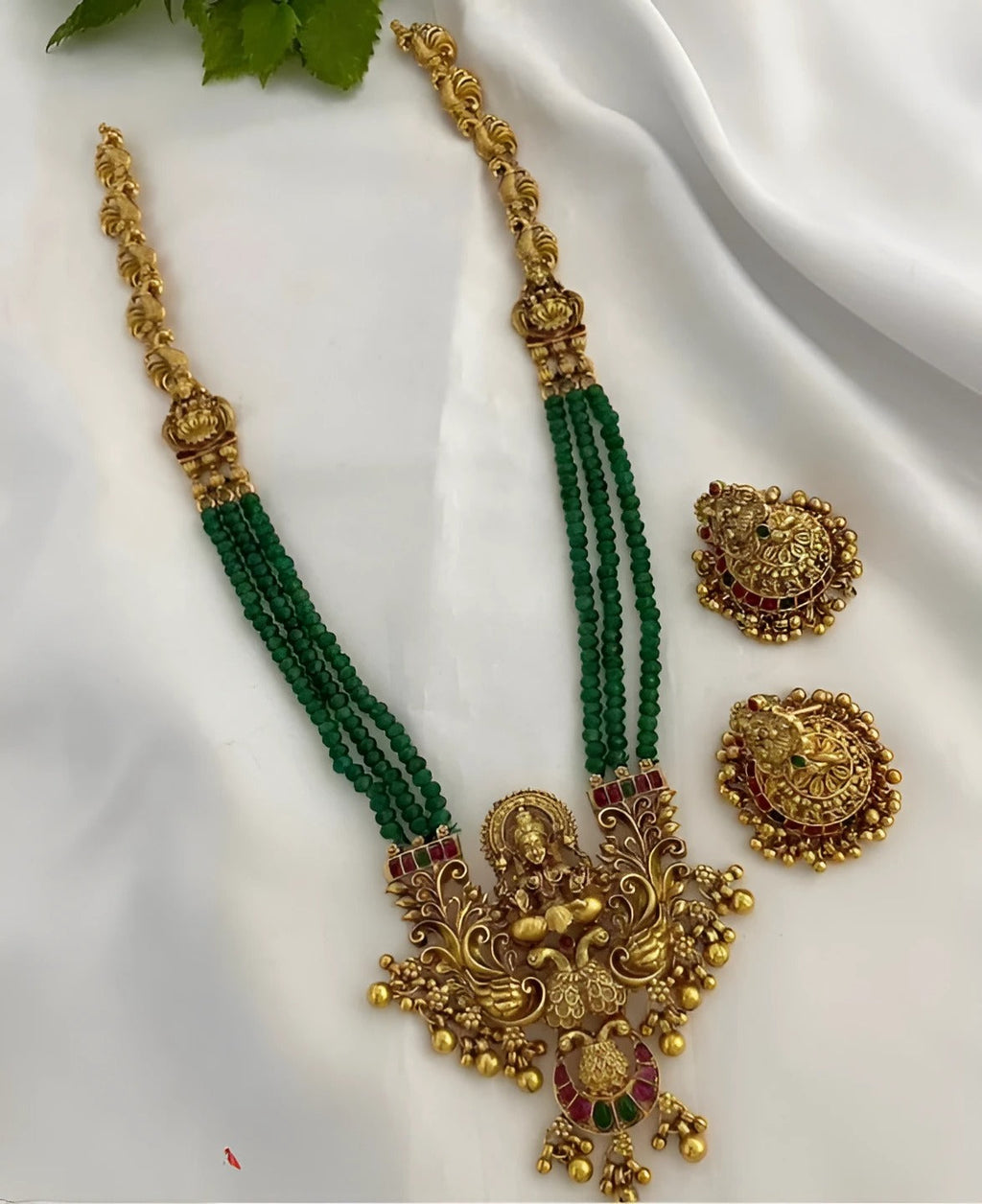 Jewel City Emerald Temple Necklace Set - Antique Gold Goddess Design with Multi-Strand Beads (Traditional Collection) | Grocsy