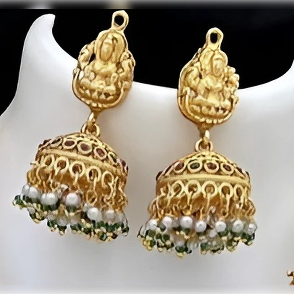Jewel City Temple Jewelry Long Necklace Set - Antique Gold Lakshmi Design with Pearl Drops & Jhumka (Bridal Collection) | Grocsy