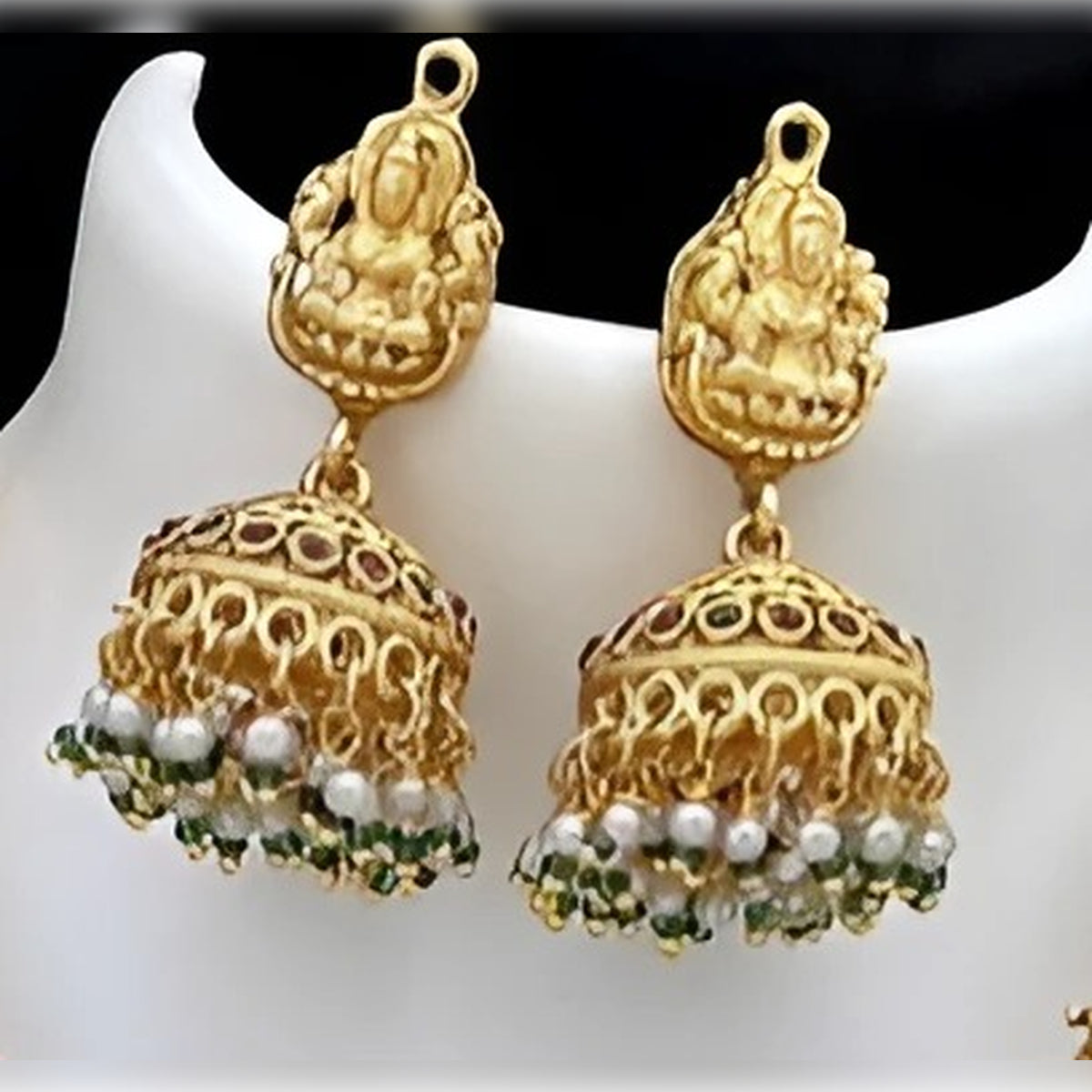 Jewel City Temple Jewelry Long Necklace Set - Antique Gold Lakshmi Design with Pearl Drops & Jhumka (Bridal Collection) | Grocsy