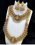 Jewel City Temple Jewelry Long Necklace Set - Antique Gold Lakshmi Design with Pearl Drops & Jhumka (Bridal Collection) | Grocsy