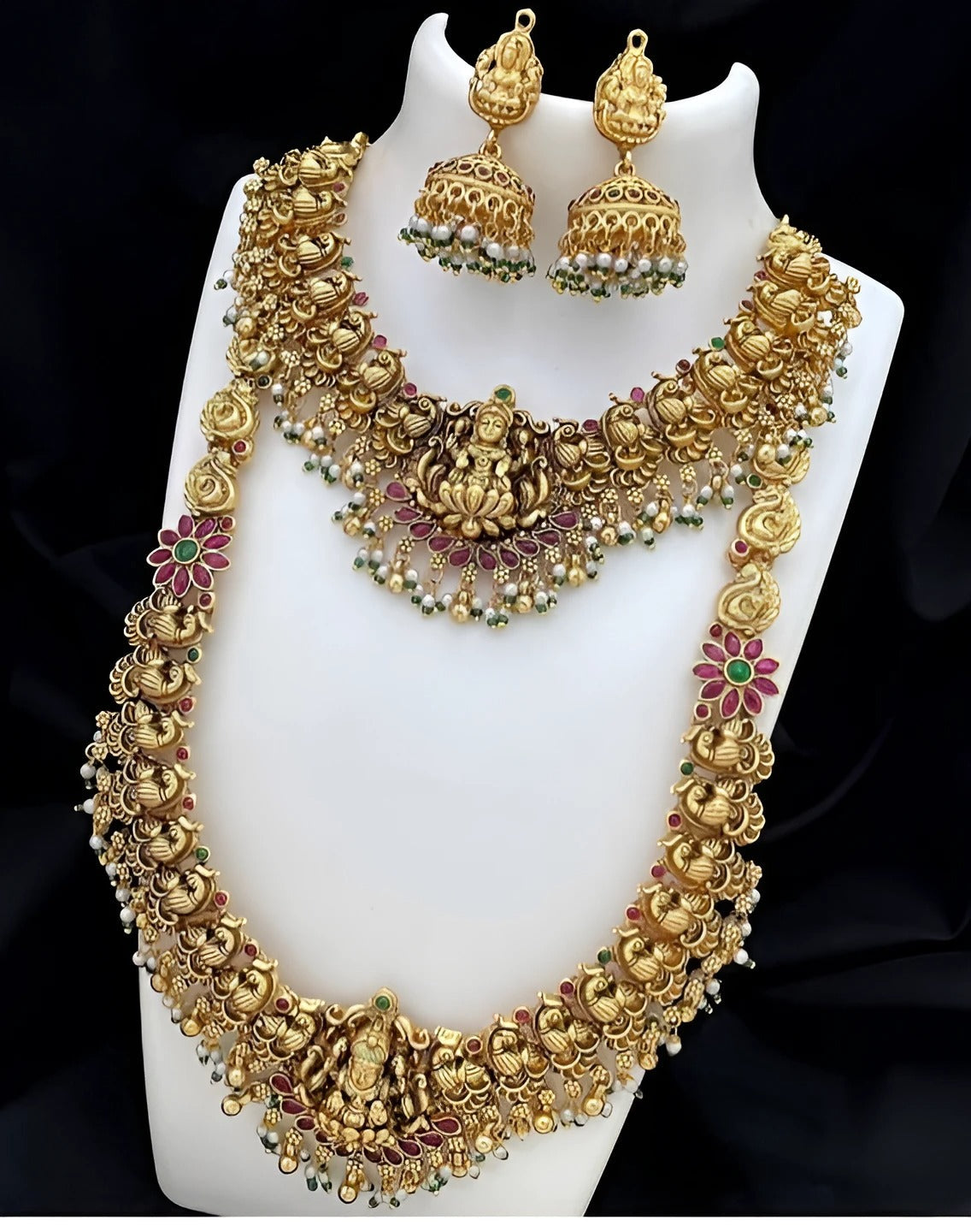 Jewel City Temple Jewelry Long Necklace Set - Antique Gold Lakshmi Design with Pearl Drops & Jhumka (Bridal Collection) | Grocsy