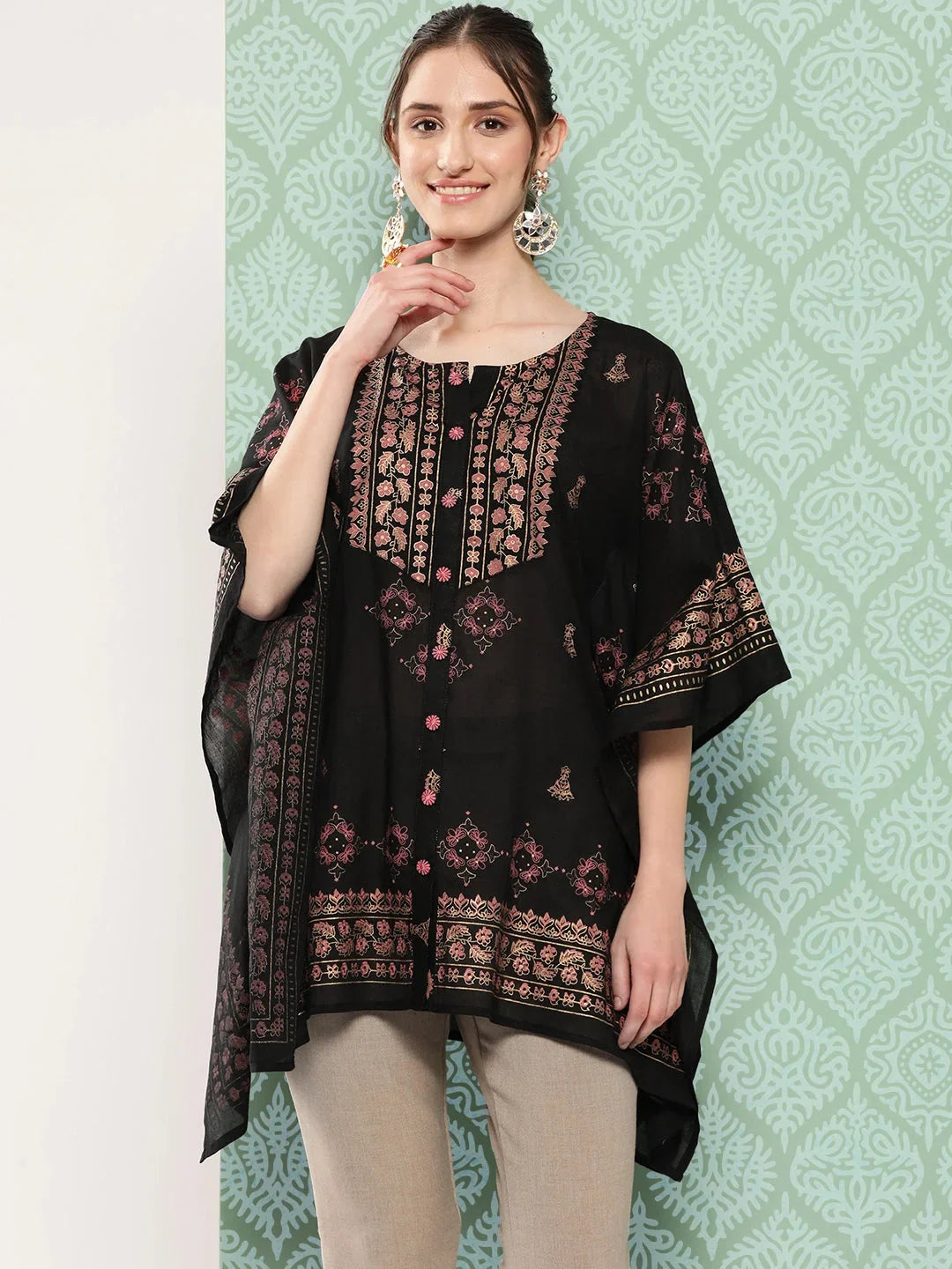 Yufta Printed Kimono Sleeve Ethnic Kaftan Top | Grocsy