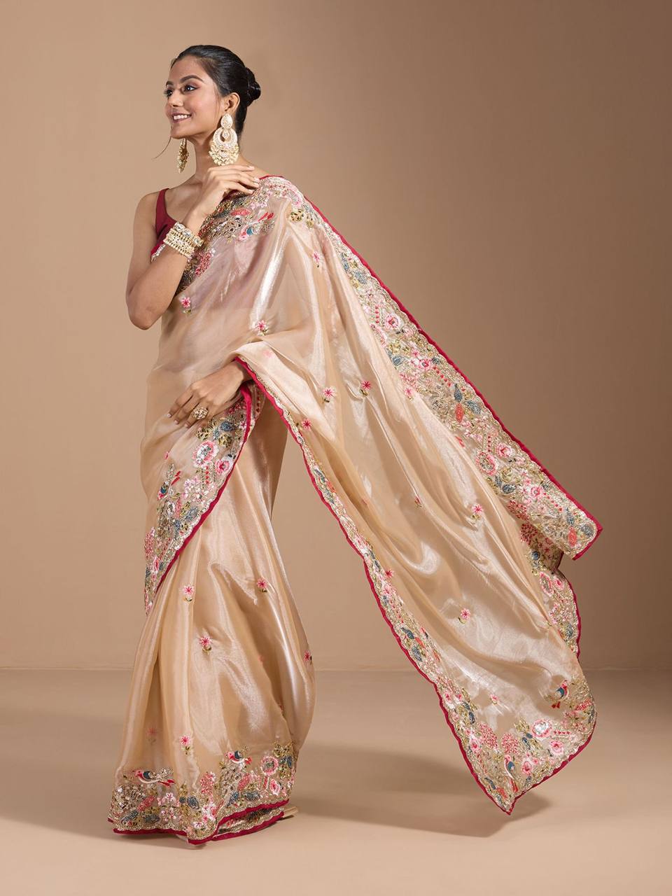 Teeya Creation Chiku Color Organza Silk Heavy Work Saree | Grocsy