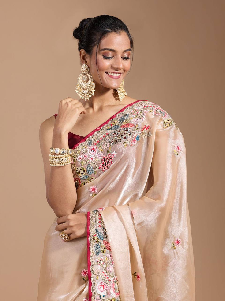 Teeya Creation Chiku Color Organza Silk Heavy Work Saree | Grocsy