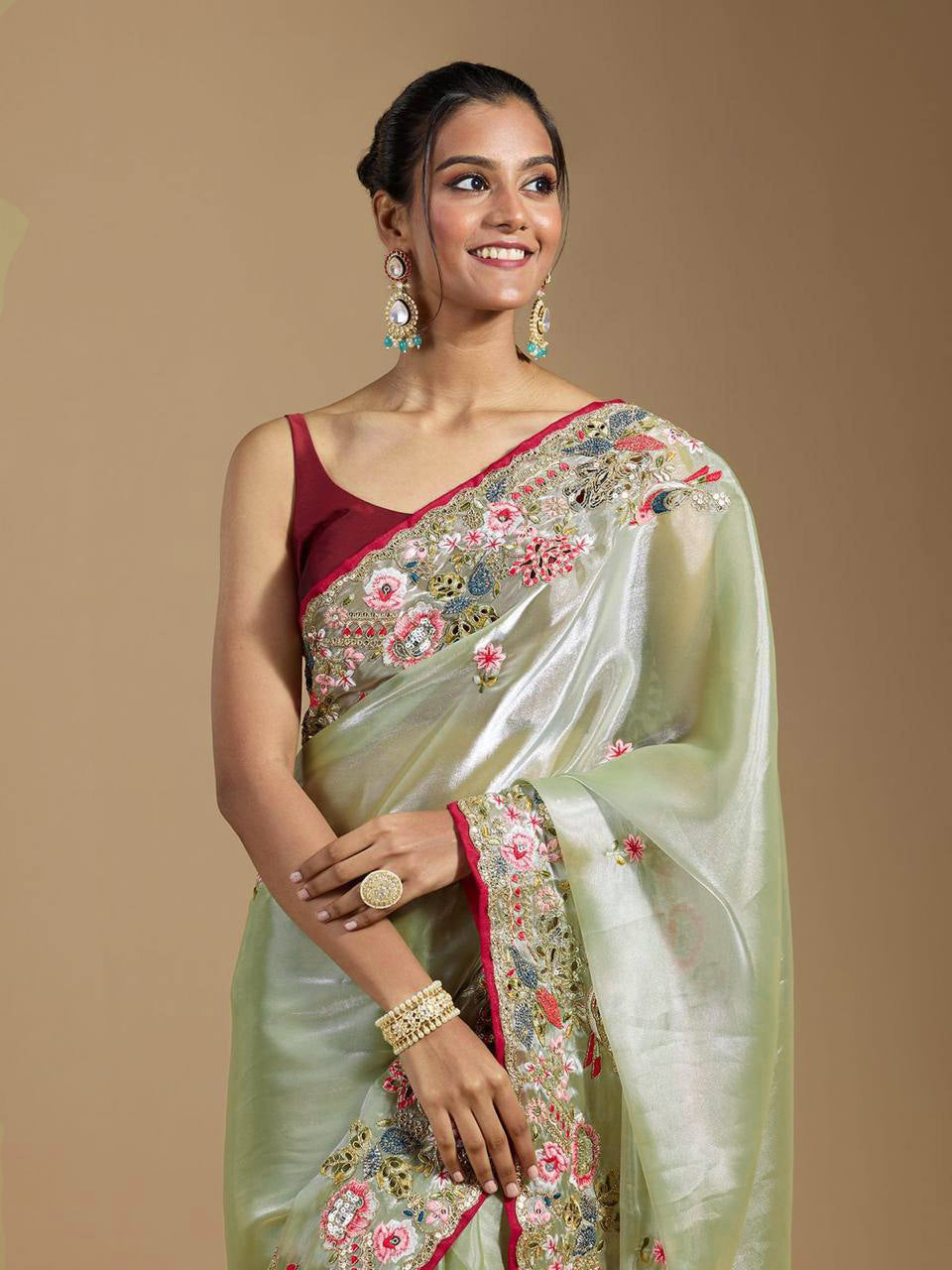 Teeya Creation Green Color Organza Silk Heavy Work Saree | Grocsy