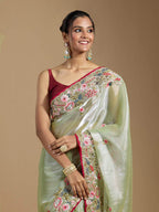 Teeya Creation Green Color Organza Silk Heavy Work Saree | Grocsy