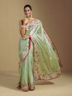 Teeya Creation Green Color Organza Silk Heavy Work Saree | Grocsy