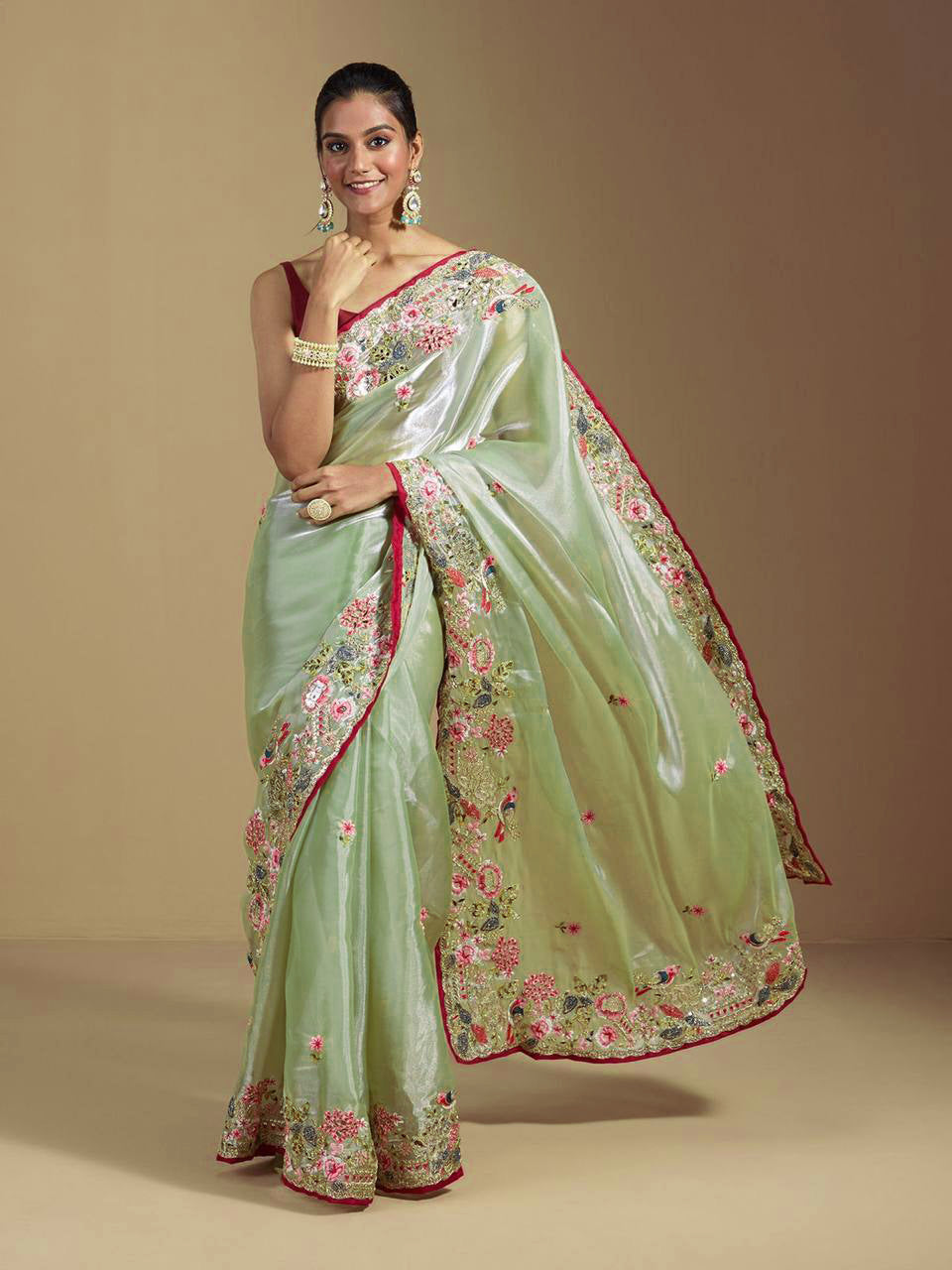 Teeya Creation Green Color Organza Silk Heavy Work Saree | Grocsy