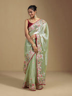 Teeya Creation Green Color Organza Silk Heavy Work Saree | Grocsy