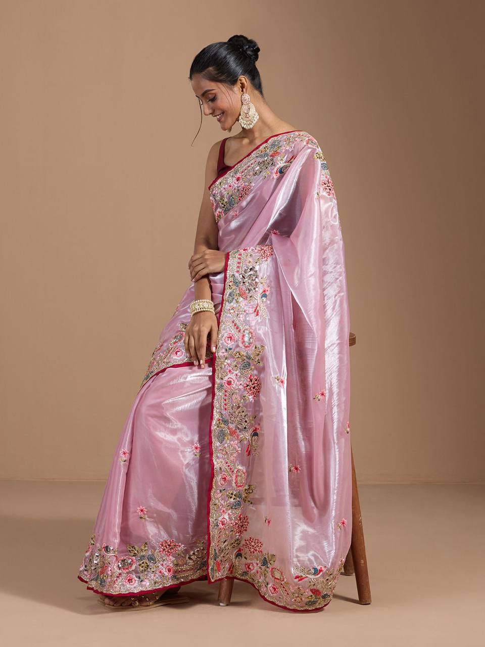 Teeya Creation Pink Color Organza Silk Heavy Work Saree | Grocsy