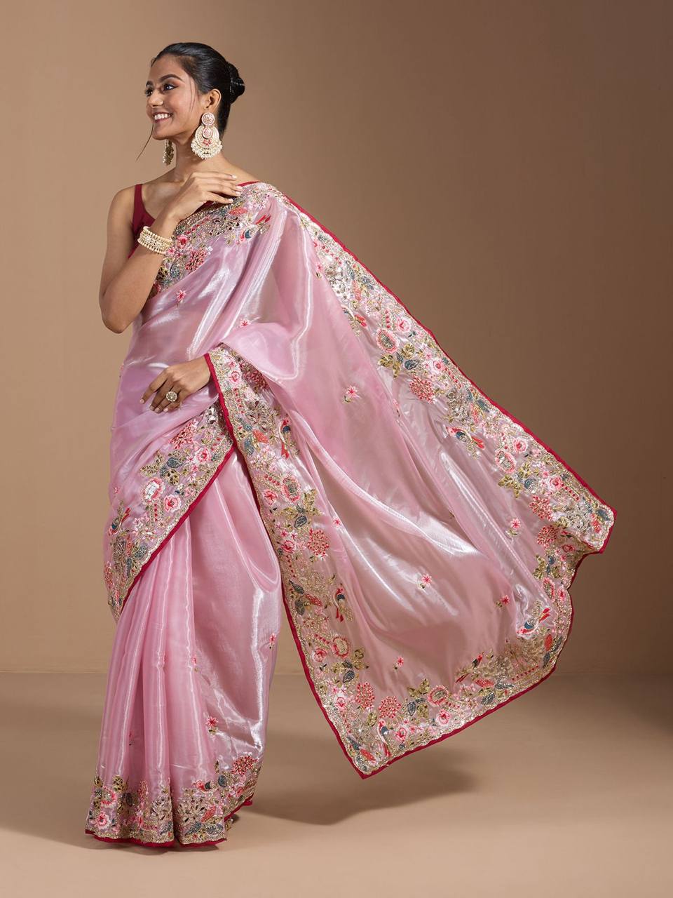 Teeya Creation Pink Color Organza Silk Heavy Work Saree | Grocsy