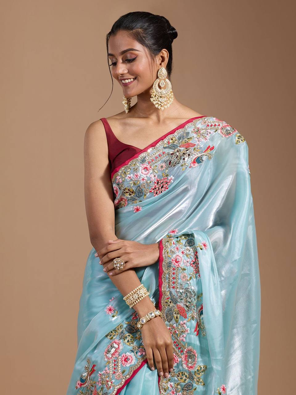 Teeya Creation Sky Color Organza Silk Heavy Work Saree | Grocsy