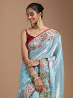 Teeya Creation Sky Color Organza Silk Heavy Work Saree | Grocsy