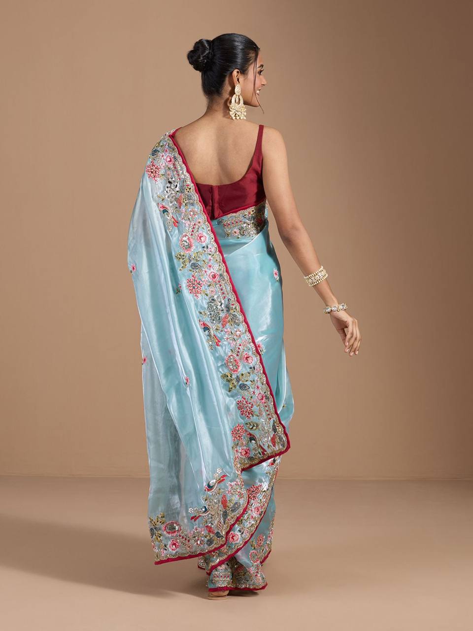 Teeya Creation Sky Color Organza Silk Heavy Work Saree | Grocsy