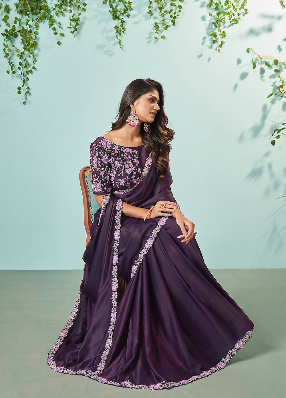 Dark Purple Silk crepe Solid Saree With Unstitched Blouse Piece - Norita Ikshita | Grocsy