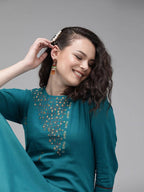 Yufta Women Teal Blue Embroidered straight Kurta | Grocsy