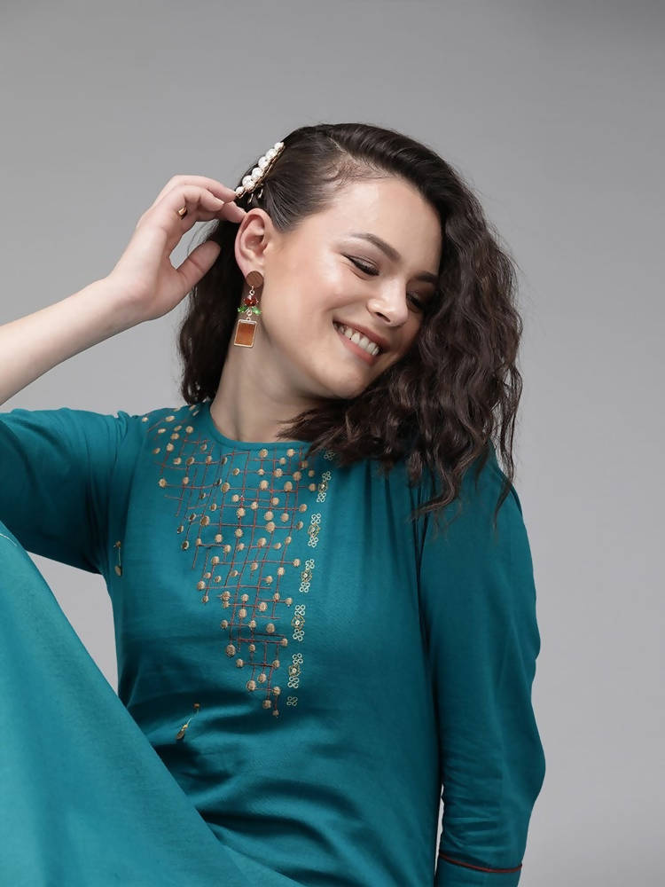 Yufta Women Teal Blue Embroidered straight Kurta | Grocsy
