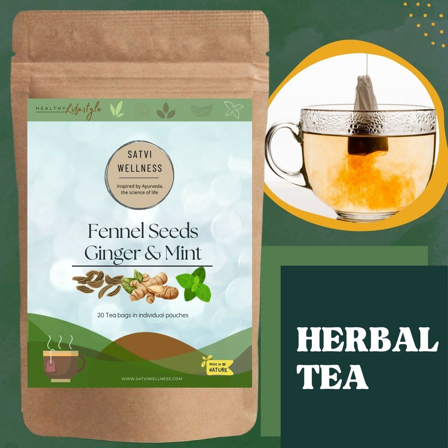 Satvi Wellness Fennel Ginger Mint Tea Bags | Herbal Tea | Grocsy