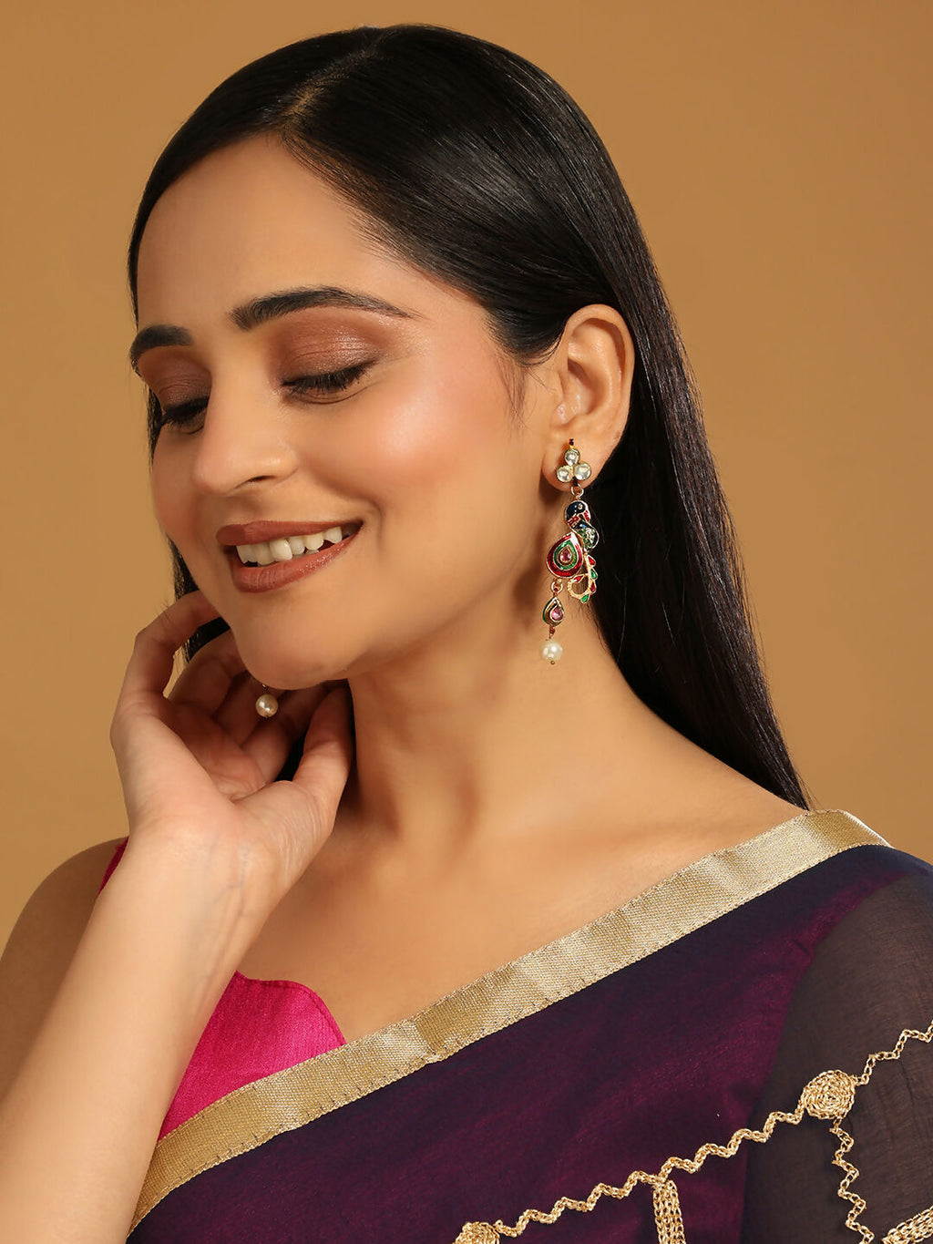 Nuyug 22K Gold Plated Pearl Drop Kundan Studded Ethnic Peacock Shaped Drop Earrings | Grocsy