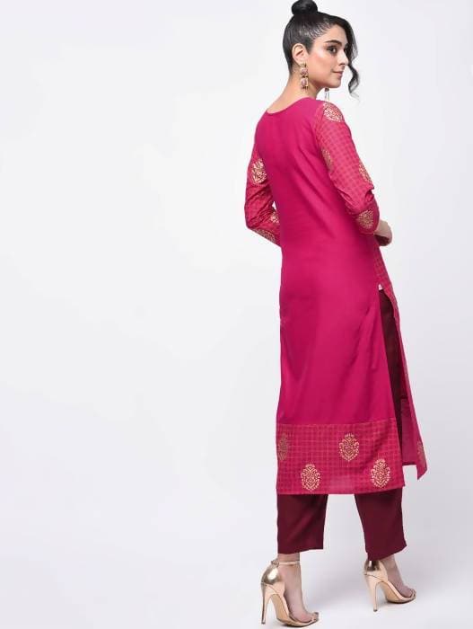 Aniyah Cotton Block Printed Pink Color Straight Kurta (AN-136K) | Grocsy