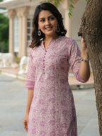 Aramya Straight Soft Cotton Floral Print Women's Kurta - Pink | Grocsy
