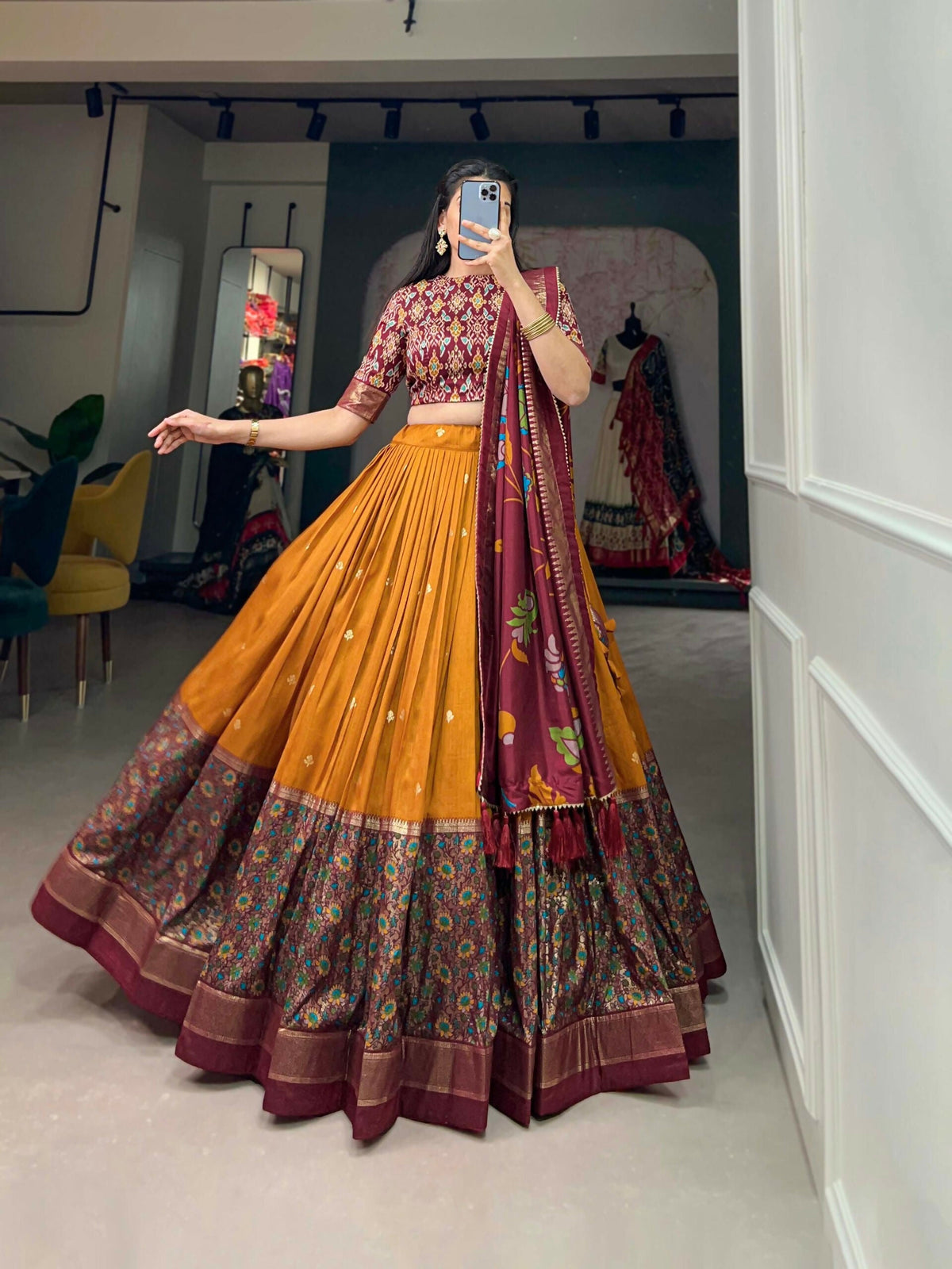 Vastranavya Stunning Look Tussar Silk Printed With Foil Work Indian Lehenga Choli - Mustard | Grocsy