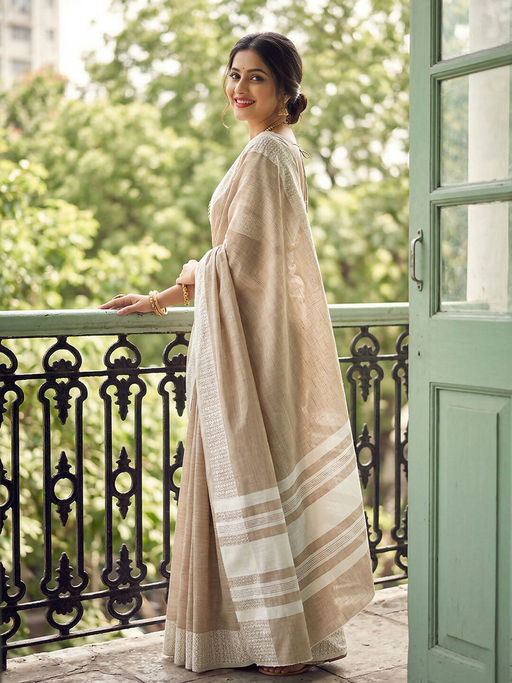 Shree Shyam Fashion Lite Brown Linen Saree | Grocsy
