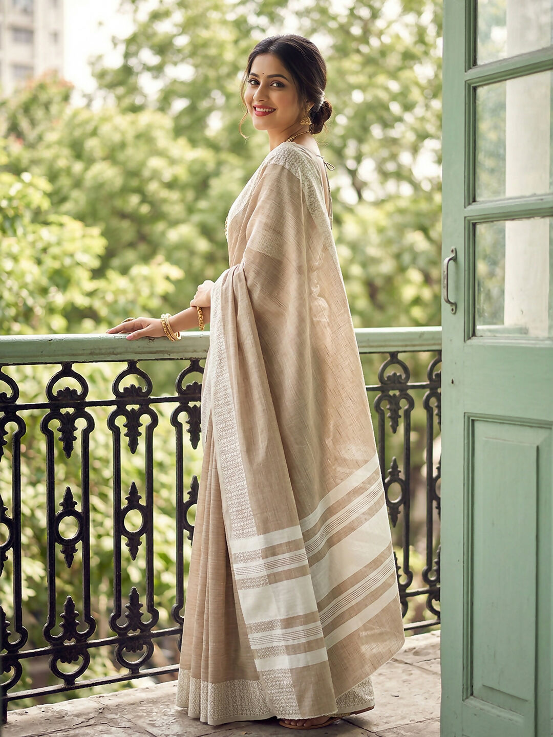 Shree Shyam Fashion Lite Brown Linen Saree | Grocsy
