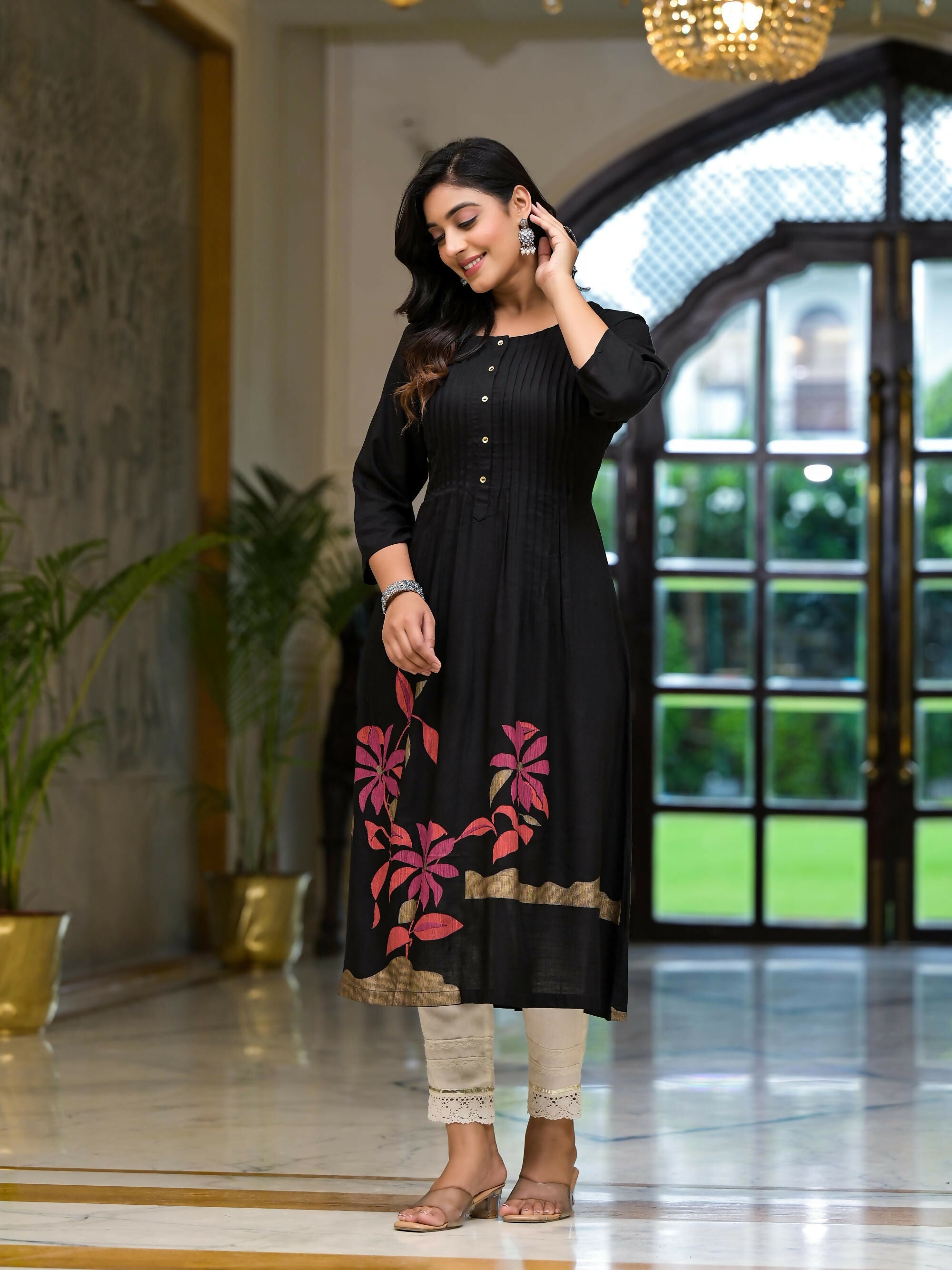 Juniper Women's Black Floral Printed Rayon Kurta With Button Closure | Grocsy